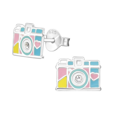 Children's Silver Camera Ear Studs with Crystal and Epoxy