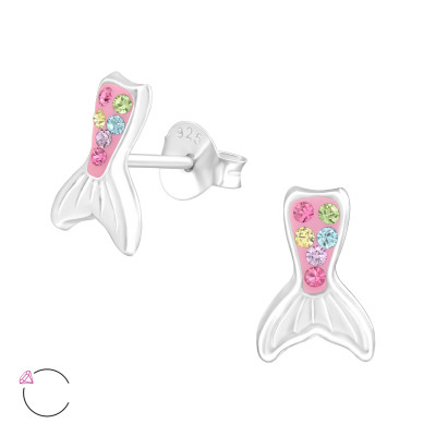 Children's Silver Mermaid Tail Ear Studs with Genuine European Crystal