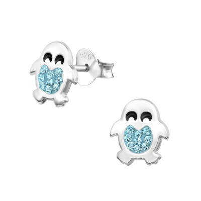 Children's Silver Penguin Ear Studs with Crystal