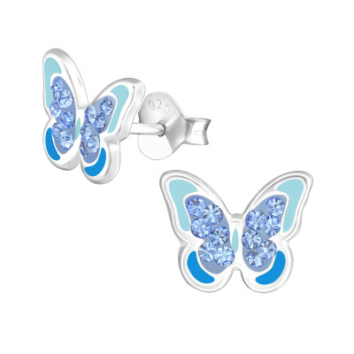 Children's Silver Butterfly Ear Studs with Crystal and Epoxy