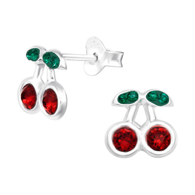 Children's Silver Cherry Ear Studs with Genuine European Crystals