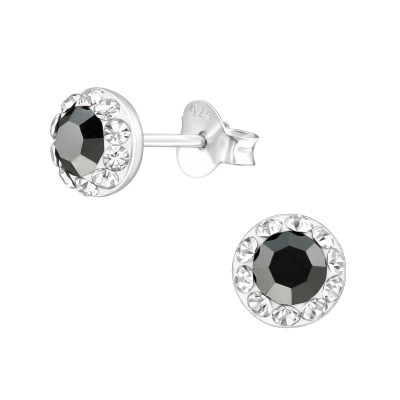 Silver Round Ear Studs with Crystal