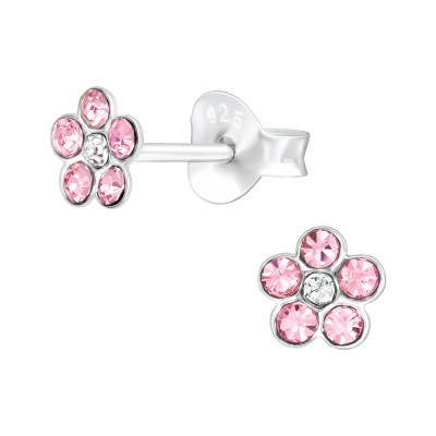 Children's Silver Flower Ear Studs with Crystal