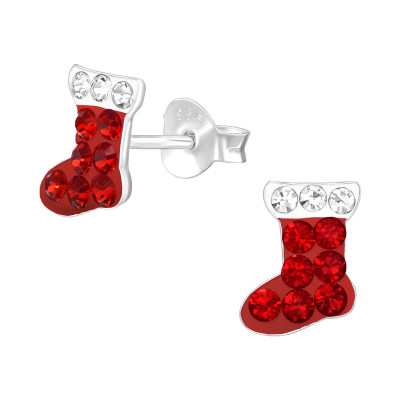 Christmas Stocking Children's Sterling Silver Ear Studs with Crystal