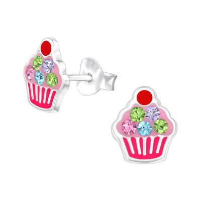 Cupcake Children's Sterling Silver Ear Studs with Crystal and Epoxy