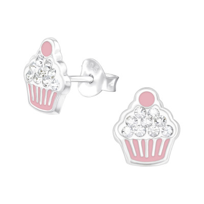 Children's Silver Cupcakes Ear Studs with Crystal and Epoxy