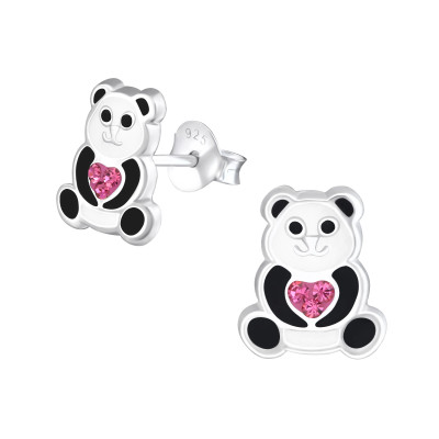 Children's Silver Panda Ear Studs with Crystal and Epoxy