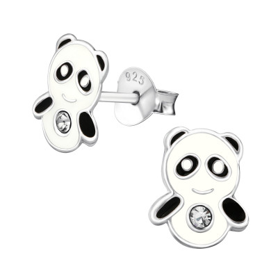 Children's Silver Panda Ear Studs with Crystal and Epoxy