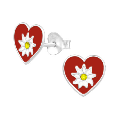 Children's Silver Heart Ear Studs with Crystal and Epoxy