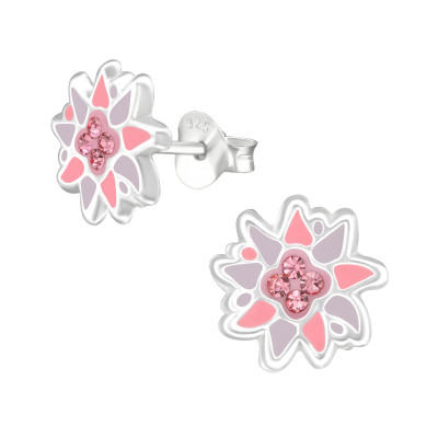 Children's Silver Flower Ear Studs with Crystal and Epoxy