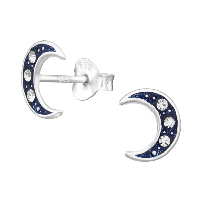 Children's Silver Moon Ear Studs with Crystal and Epoxy