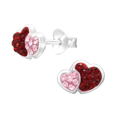 Children's Silver Double Heart Ear Studs with Crystal