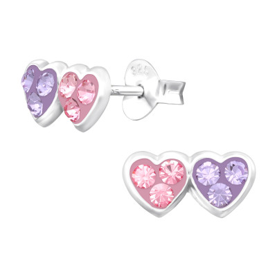 Children's Silver Double Heart Ear Studs with Crystal