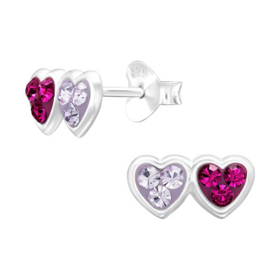 Children's Silver Double Heart Ear Studs with Crystal