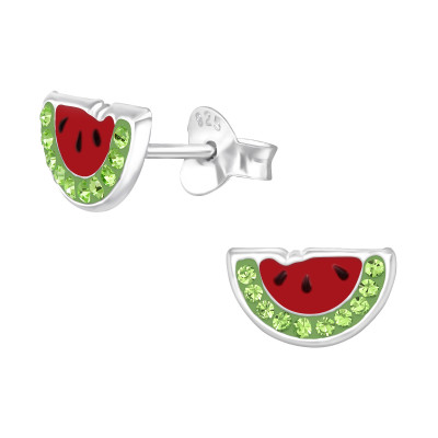 Children's Silver Watermelon Ear Studs with Crystal and Epoxy