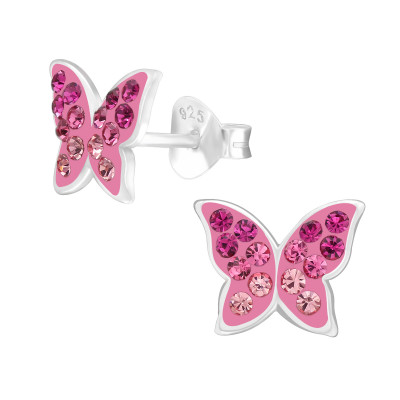 Children's Silver Butterfly Ear Studs with Crystal