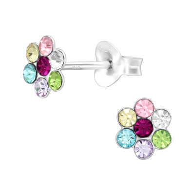 Children's Silver Flower Ear Studs with Crystal