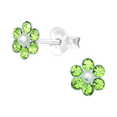 Children's Silver Flower Ear Studs with Synthetic Pearl and Crystal