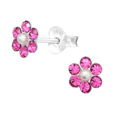 Children's Silver Flower Ear Studs with Synthetic Pearl and Crystal