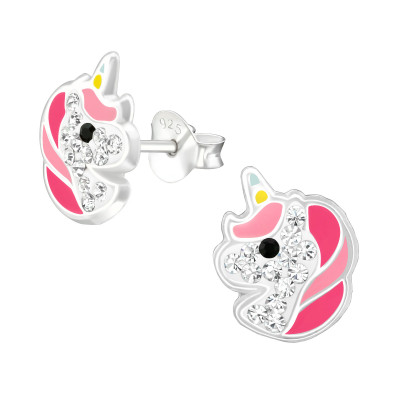 Children's Silver Unicorn Ear Studs with Crystal and Epoxy