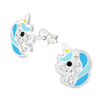 Children's Silver Unicorn Ear Studs with Crystal and Epoxy