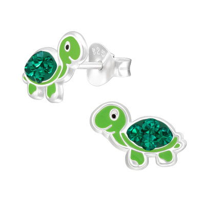 Children's Silver Turtle Ear Studs with Crystal and Epoxy