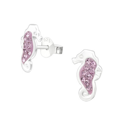 Children's Silver Sea​​horse Ear Studs with Crystal