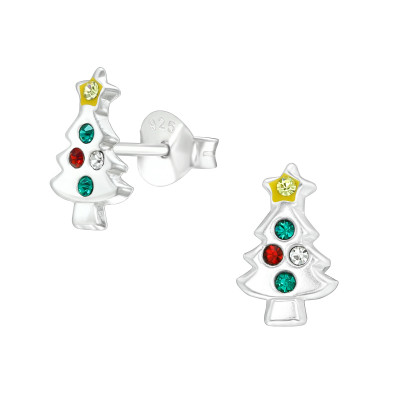 Children's Silver Christmas Tree Ear Studs with Crystal