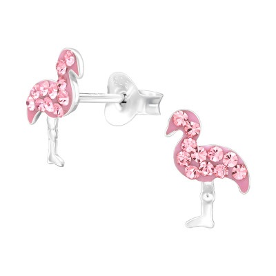 Children's Silver Flamingo Ear Studs with Crystal