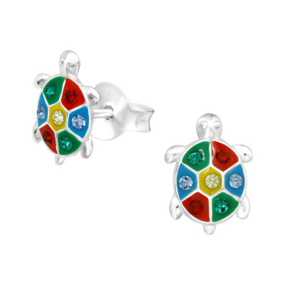 Children's Silver Turtle Ear Studs with Crystal and Epoxy