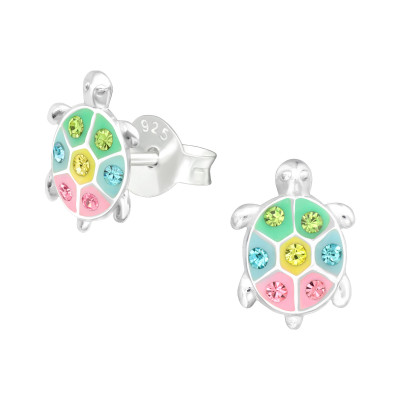 Children's Silver Turtle Ear Studs with Crystal and Epoxy