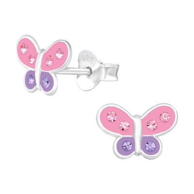 Children's Silver Butterfly Ear Studs with Crystal and Epoxy