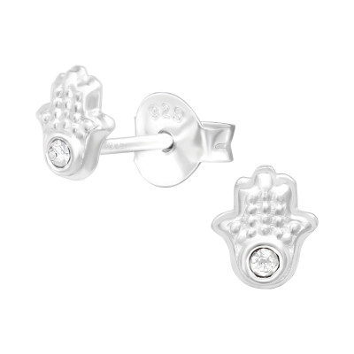 Children's Silver Hamsa Ear Studs with Crystal