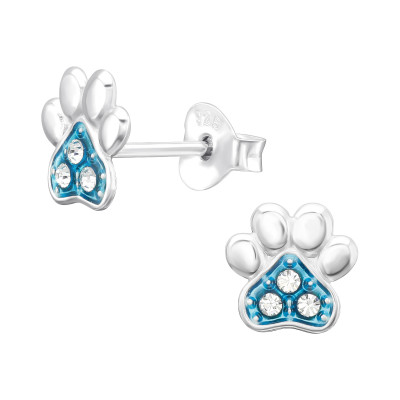 Children's Silver Paw Print Ear Studs with Crystal and Epoxy