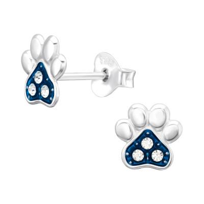 Children's Silver Paw Print Ear Studs with Crystal and Epoxy