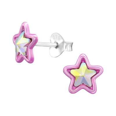 Children's Silver Stars Ear Studs with Crystal and Epoxy