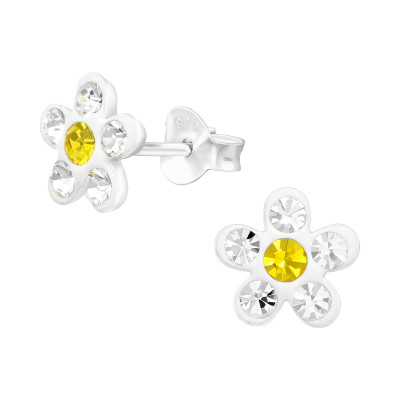 Children's Silver Flower Ear Studs with Crystal