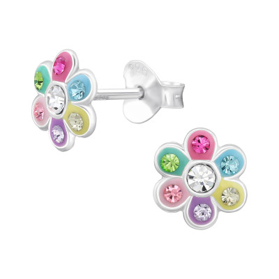 Flower Children's Sterling Silver Ear Studs with Crystal and Epoxy