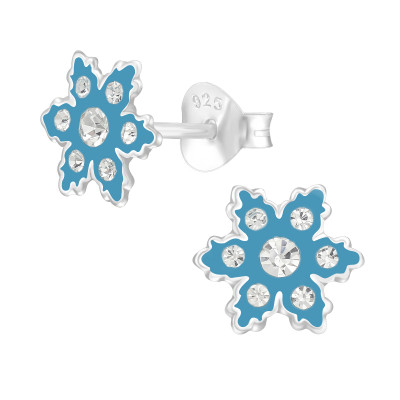 Children's Silver Snowflake Ear Studs with Crystal and Epoxy