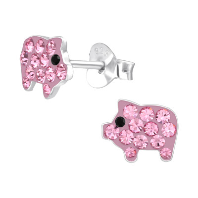 Children's Silver Pig Ear Studs with Crystal