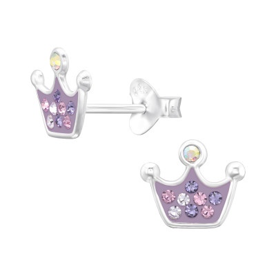 Children's Silver Crown Ear Studs with Crystal