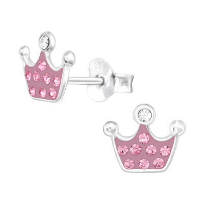 Children's Silver Crown Ear Studs with Crystal