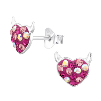 Children's Silver Devil Heart Ear Studs with Crystal