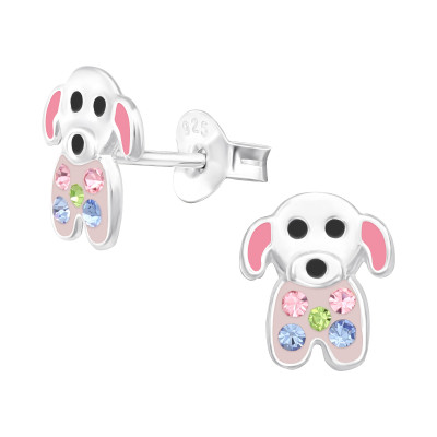 Children's Silver Dog Ear Studs with Crystal and Epoxy