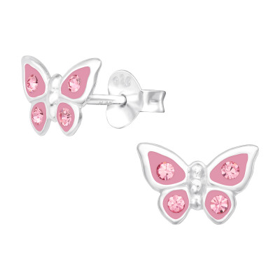 Children's Silver Butterfly Ear Studs with Crystal and Epoxy