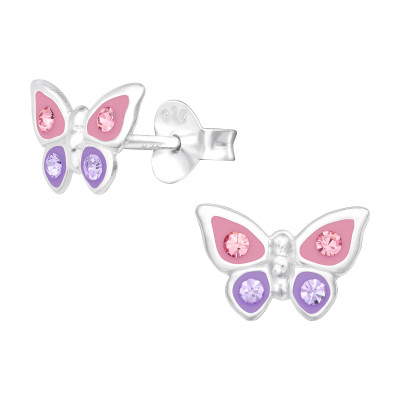 Children's Silver Butterfly Ear Studs with Crystal and Epoxy