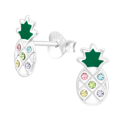 Children's Silver Pineapple Ear Studs with Crystal and Epoxy