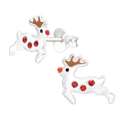 Children's Silver Reindeer Ear Studs with Crystal and Epoxy