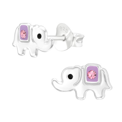 Children's Silver Elephant Ear Studs with Crystal and Epoxy