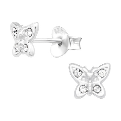 Children's Silver Butterfly Ear Studs with Crystal